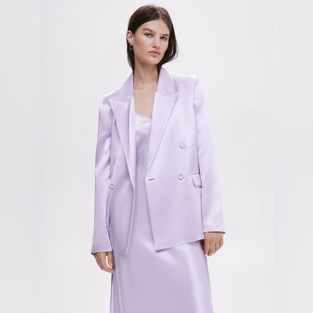 Mango Light Purple Women's Blazer Nico Satin Straight Double Breasted Blazer